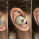 ‘The Sony WF-1000XM3 (left) and Sony WF-1000XM4 (center) earbuds do tend to stick out of your ear more than options like Master & Dynamic’s MW08s (right).